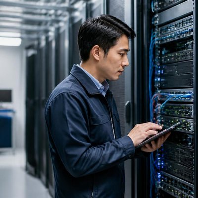 サーバールームで点検するエンジニアのイメージ画像