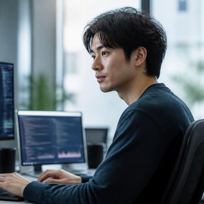 複数のモニターでコードを書くエンジニアのイメージ画像